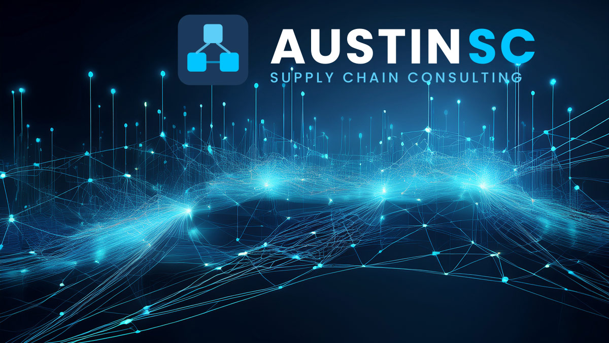 Abstract supply chain network visualization with glowing nodes